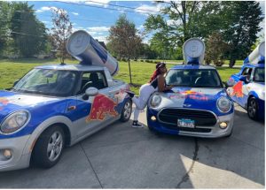 Exterior photograph of cars decorated with Red Bull advertising