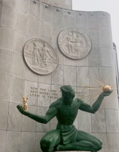 A statue outside of a building in Detroit