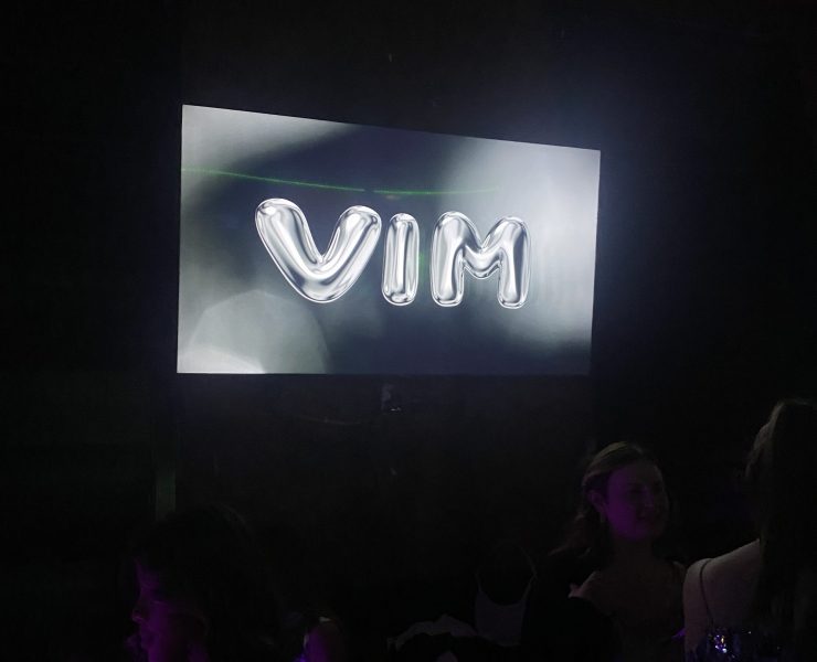 A photograph of a presentation with lights down. The screen shows the letters VIM in shiny silver lettering