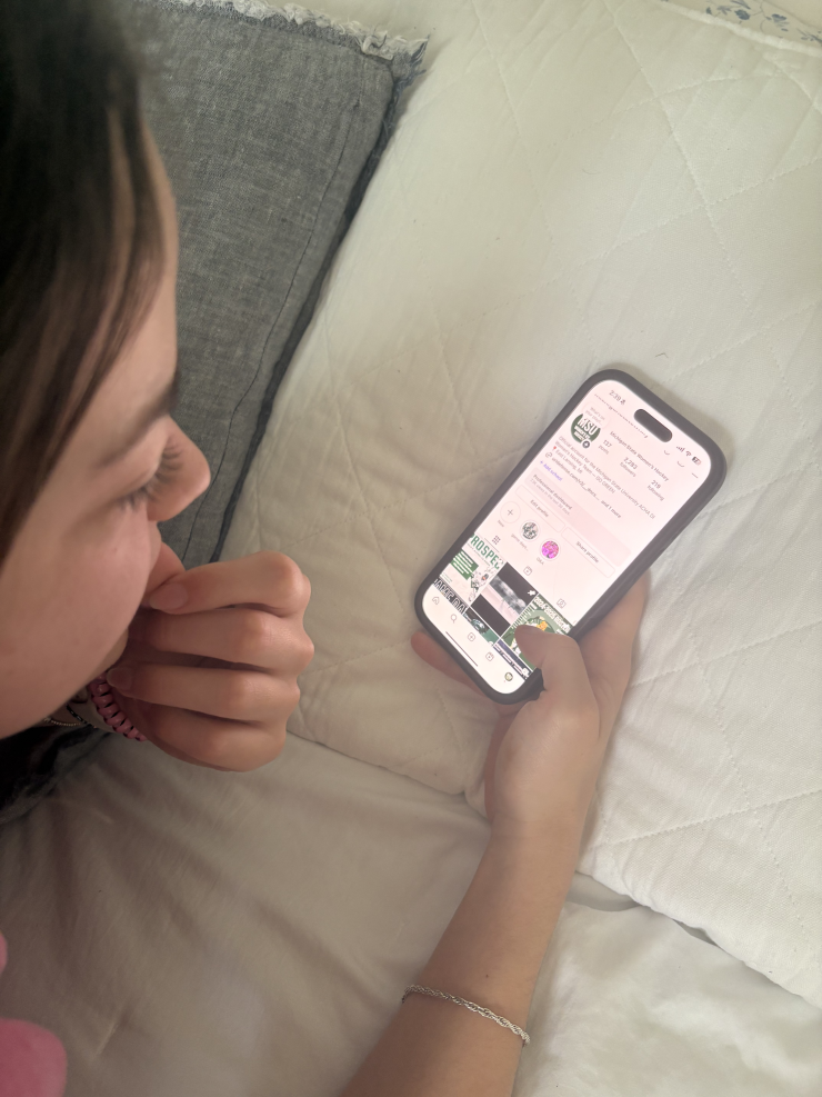 A person looks at a web app on a phone screen