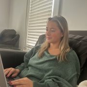 a woman works at home