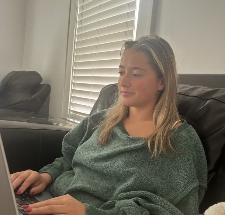 a woman works at home