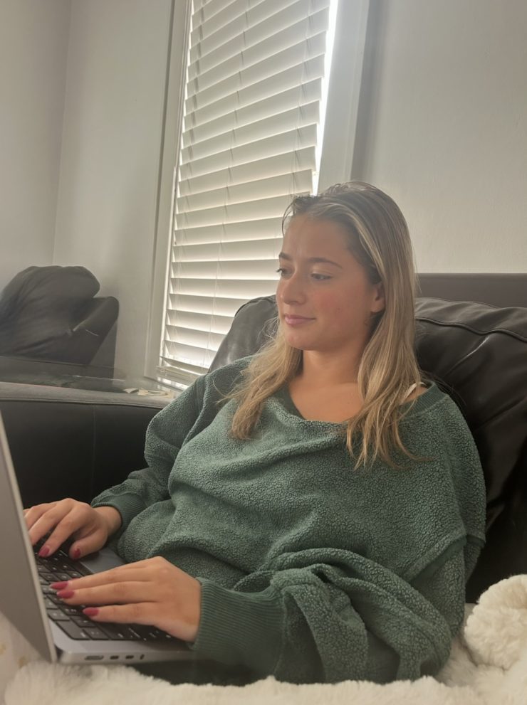 a woman works at home